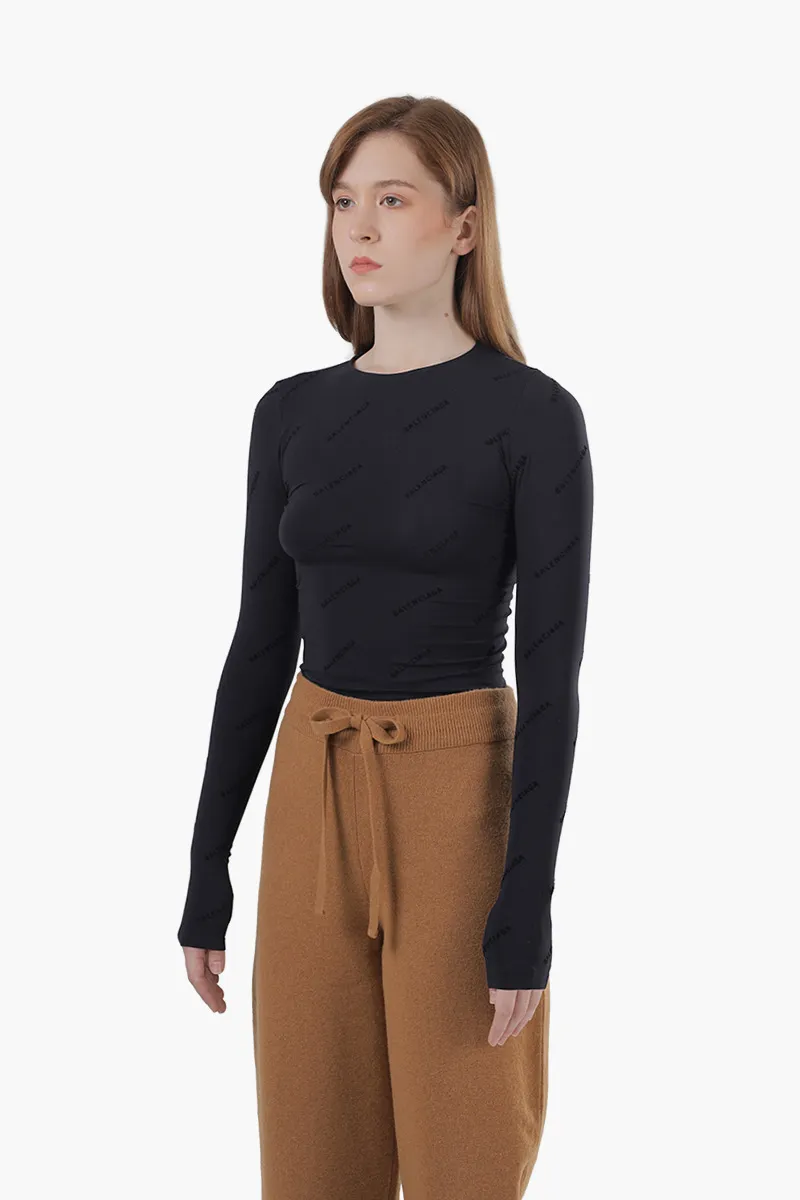 BALENCIAGA Women All Over Logo Flock Top in Black Seamless Technical Fabric 2