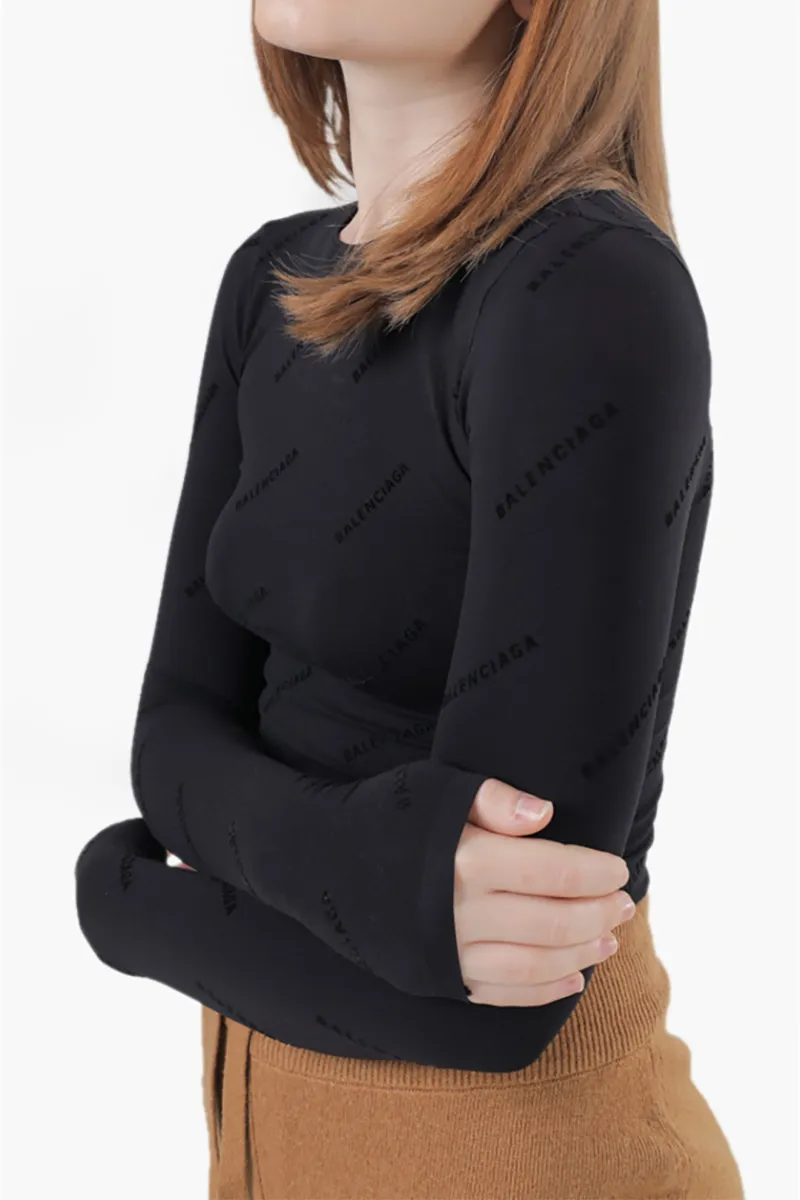BALENCIAGA Women All Over Logo Flock Top in Black Seamless Technical Fabric 3