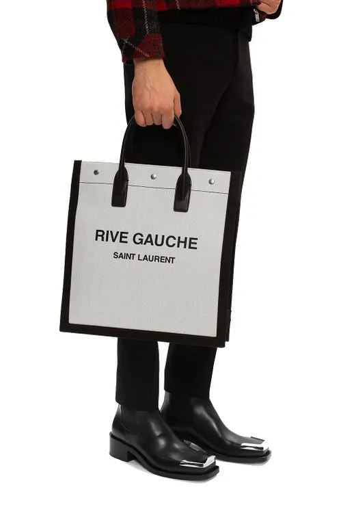 SAINT LAURENT Rive Gauche N/S Tote Bag in White Linen 4