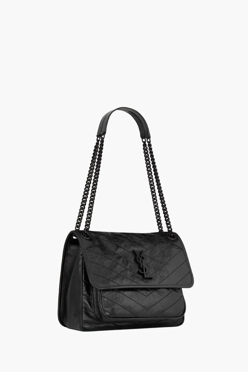 SAINT LAURENT Medium Monogram Niki Shoulder Bag in Black Vintage Crinkled Leather BHW 1