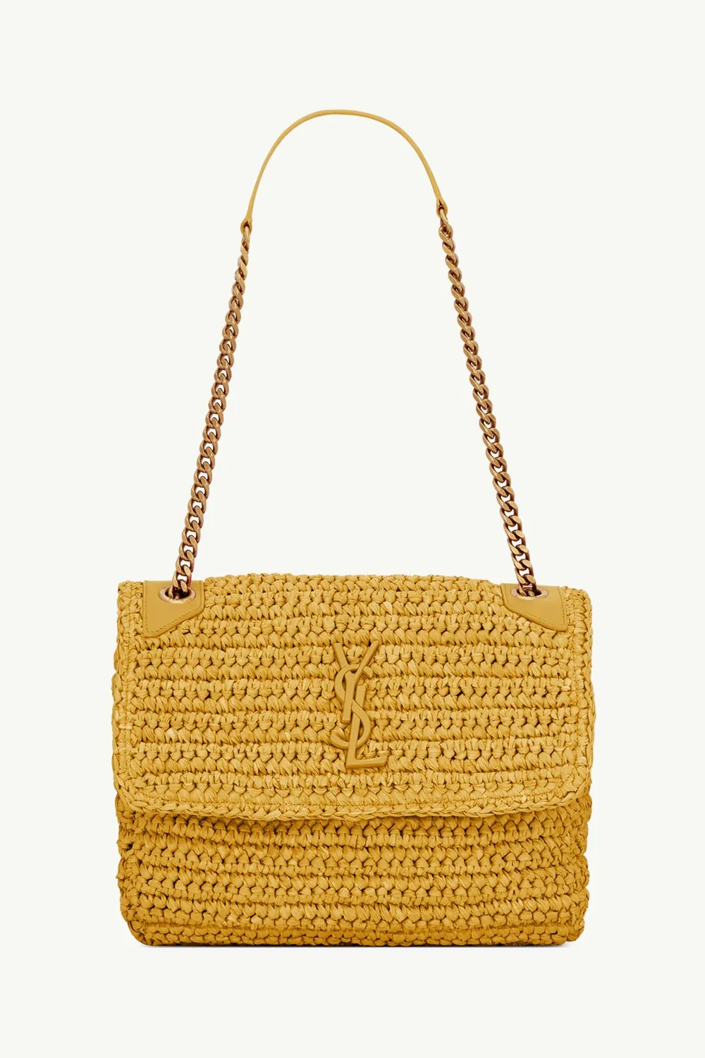 SAINT LAURENT Medium Monogram Niki Shoulder Bag in Yellow Raffia x Leather with Bronze Hardware 0