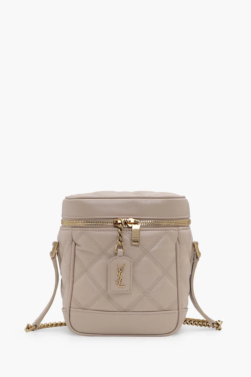 SAINT LAURENT 80'S Zip Around Vanity Bag in Dark Beige Quilted Leather GHW 0