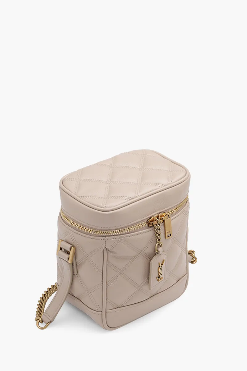 SAINT LAURENT 80'S Zip Around Vanity Bag in Dark Beige Quilted Leather GHW 2