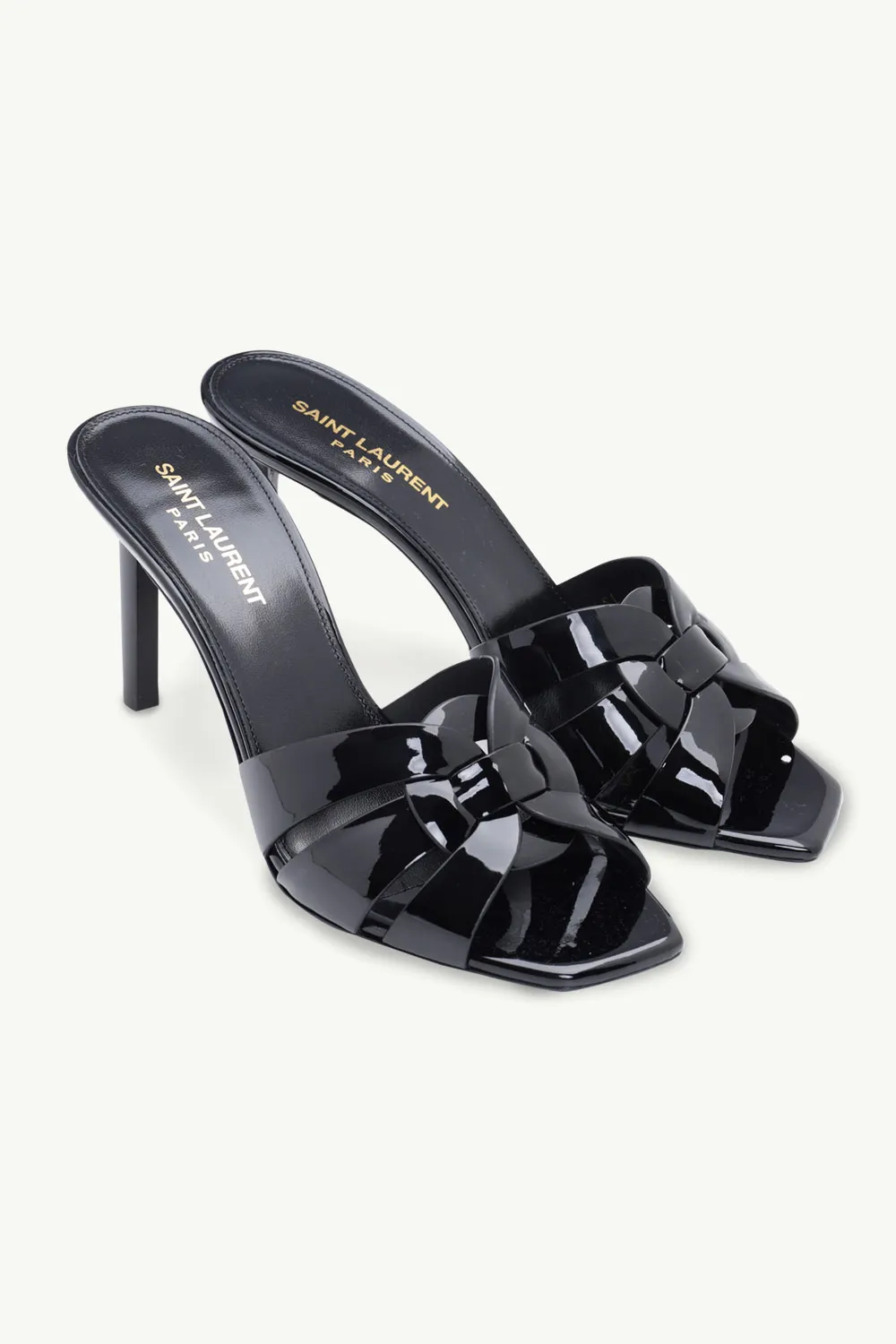 SAINT LAURENT Tribute Open Toe Mules 8.5cm in Black Patent 1