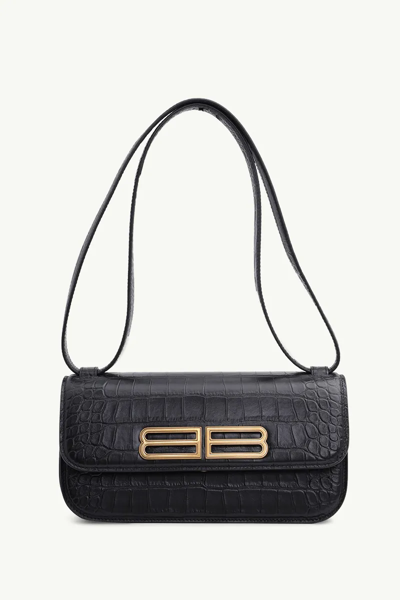 BALENCIAGA Small Gossip BB Logo Shoulder Bag in Black Croco-Embossed GHW 0