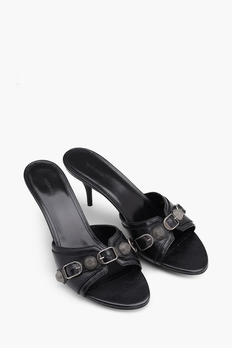 BALENCIAGA Women Cagole Sandals 70mm in Black Arena Lambskin 1