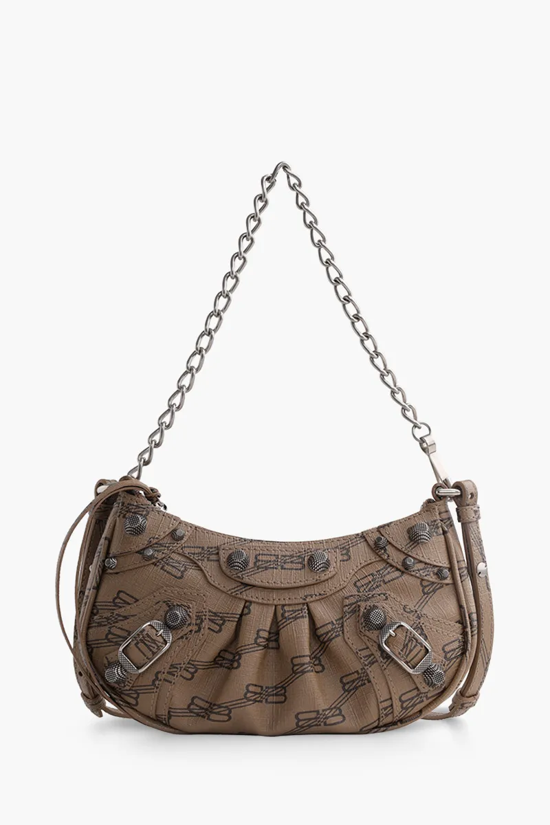 BALENCIAGA Mini Le Cagole Purse Shoulder Bag in Beige/Brown BB Monogram Coated Canvas SHW 0