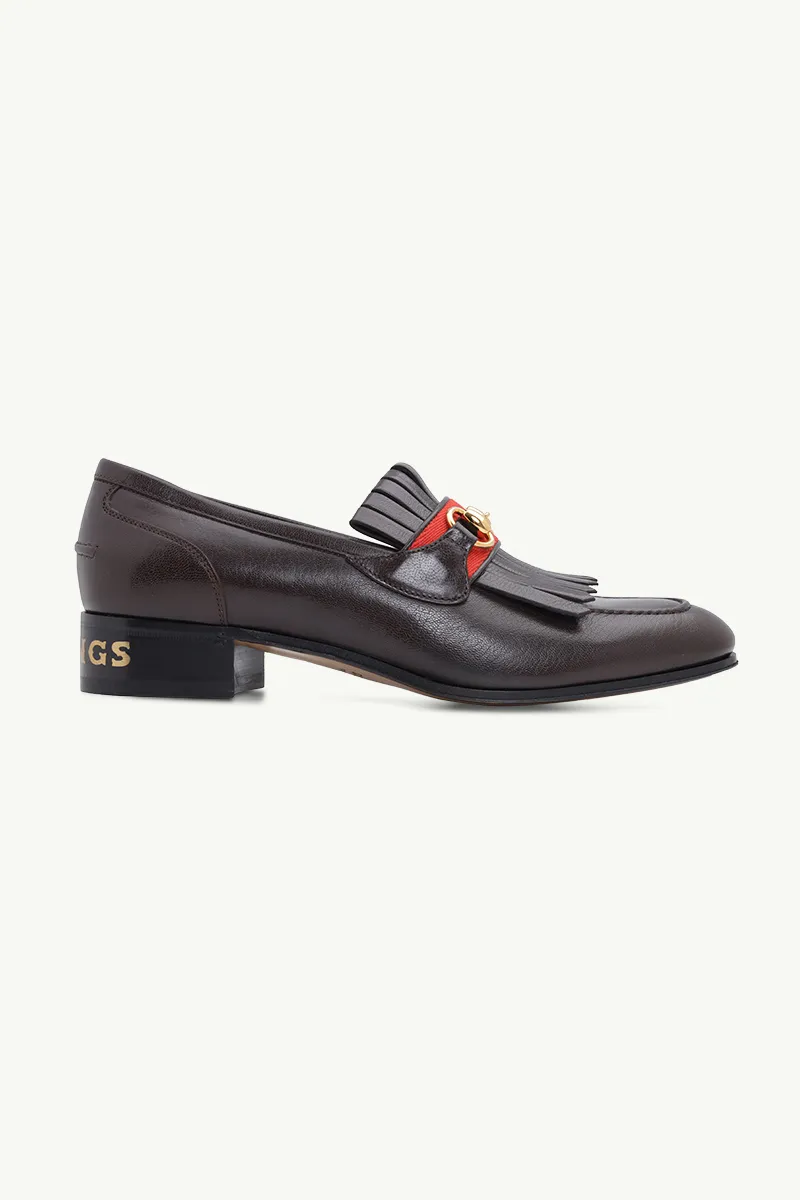 GUCCI Men Horsebit Fringe Loafer 35mm in Black with 'Palm Springs' on Back 0