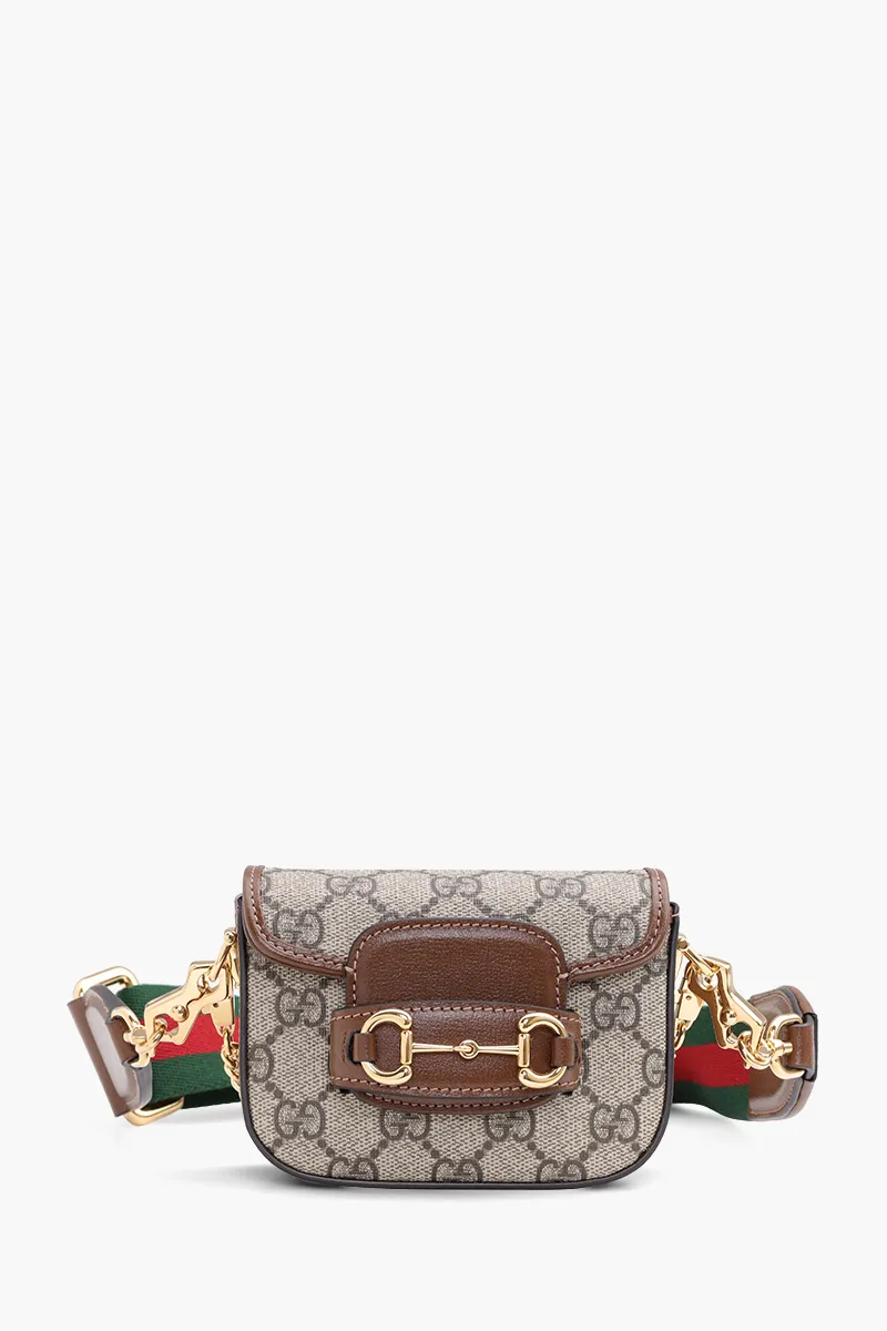 GUCCI GG Supreme Horsebit 1955 Wallet on Strap in Beige/Ebony/Brown Canvas 0