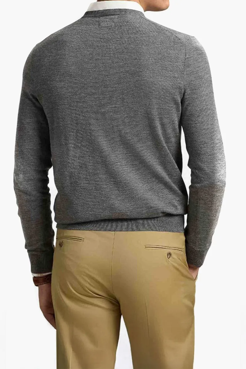 POLO RALPH LAUREN Men Embossed Logo Crew Neck Slim Fit Sweater in Grey Wool 2