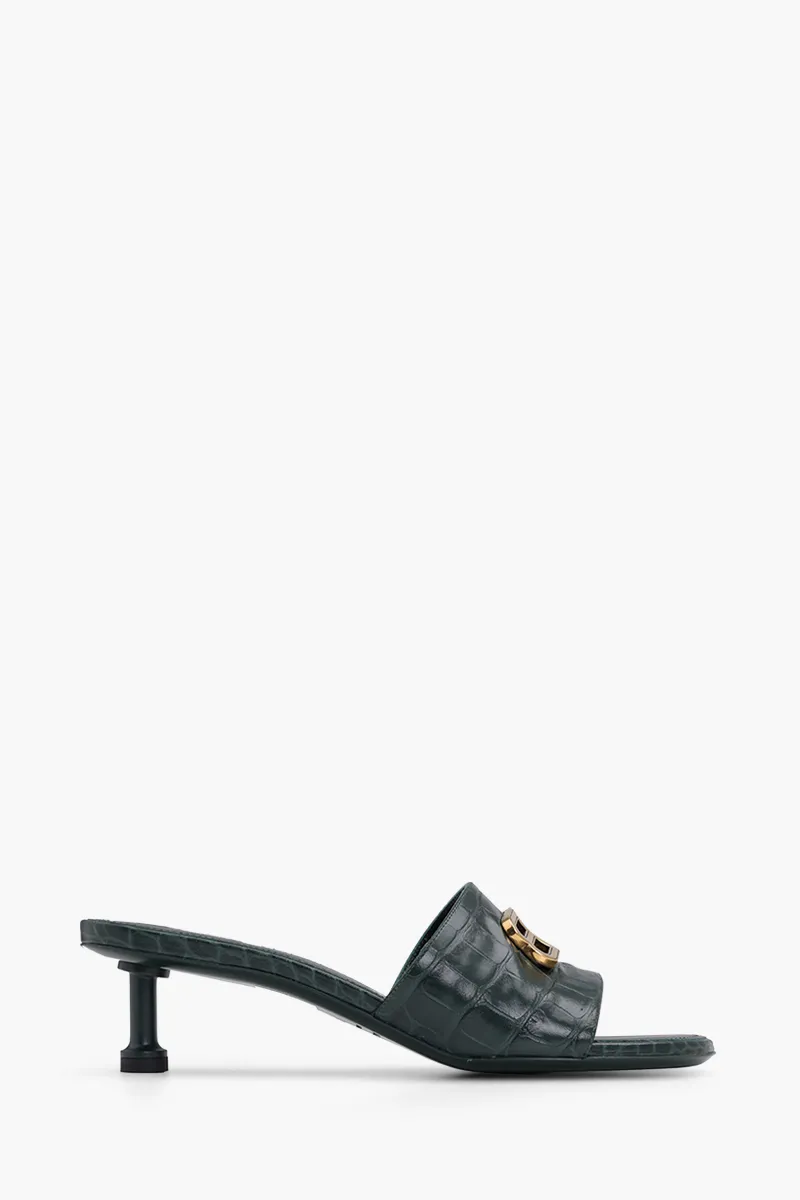 BALENCIAGA Women Groupie BB Sandals 50mm in Dark Green Croco Embossed 0