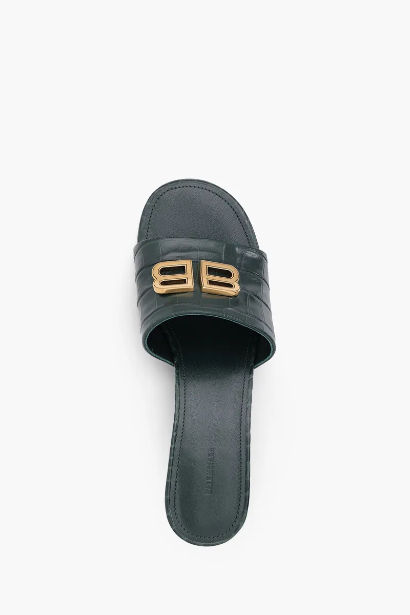 BALENCIAGA Women Groupie BB Sandals 50mm in Dark Green Croco Embossed 3