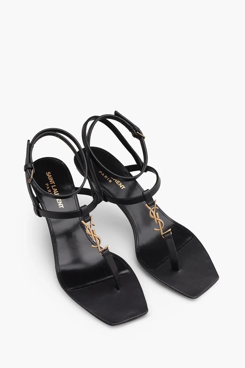 SAINT LAURENT Women Cassandra T-Strap Crossed Ankle Strap Sandals 6cm in Black Smooth Leather 1