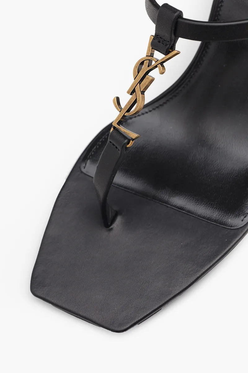 SAINT LAURENT Women Cassandra T-Strap Crossed Ankle Strap Sandals 6cm in Black Smooth Leather 4