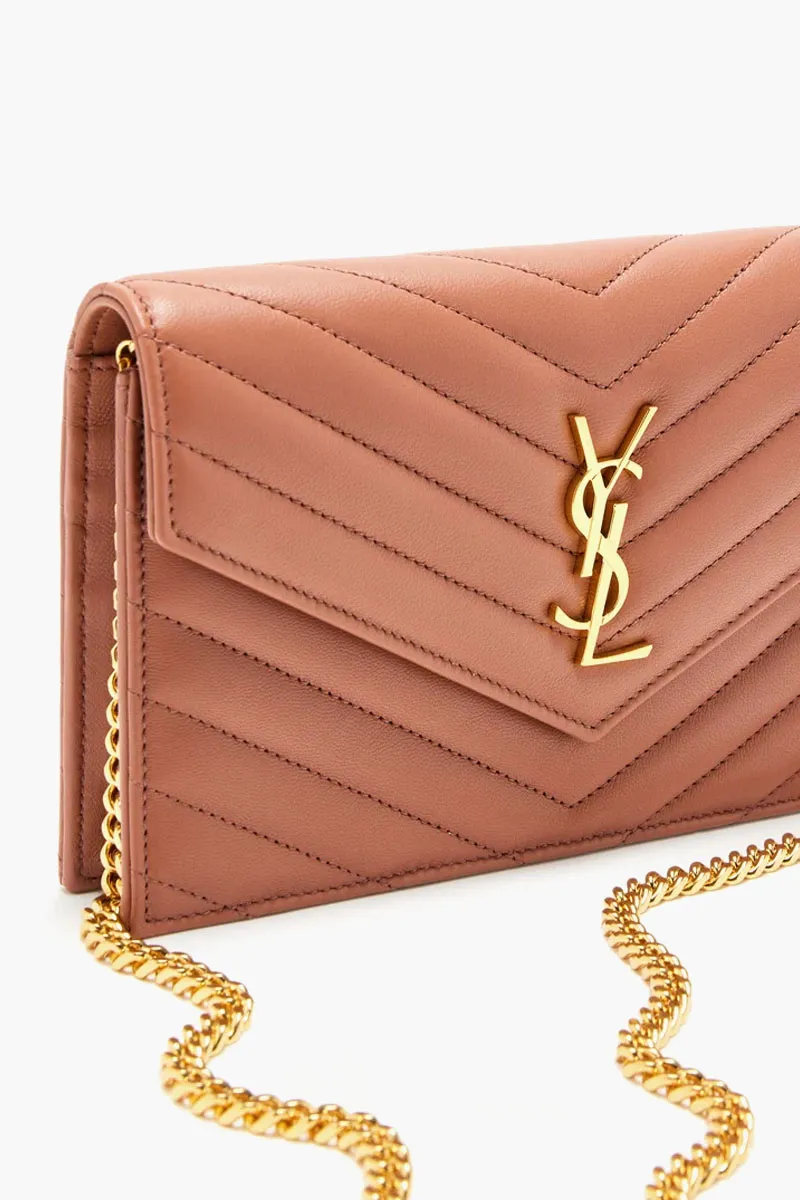 SAINT LAURENT Wallet on Chain 19cm in Barely Pink Lambskin GHW 1