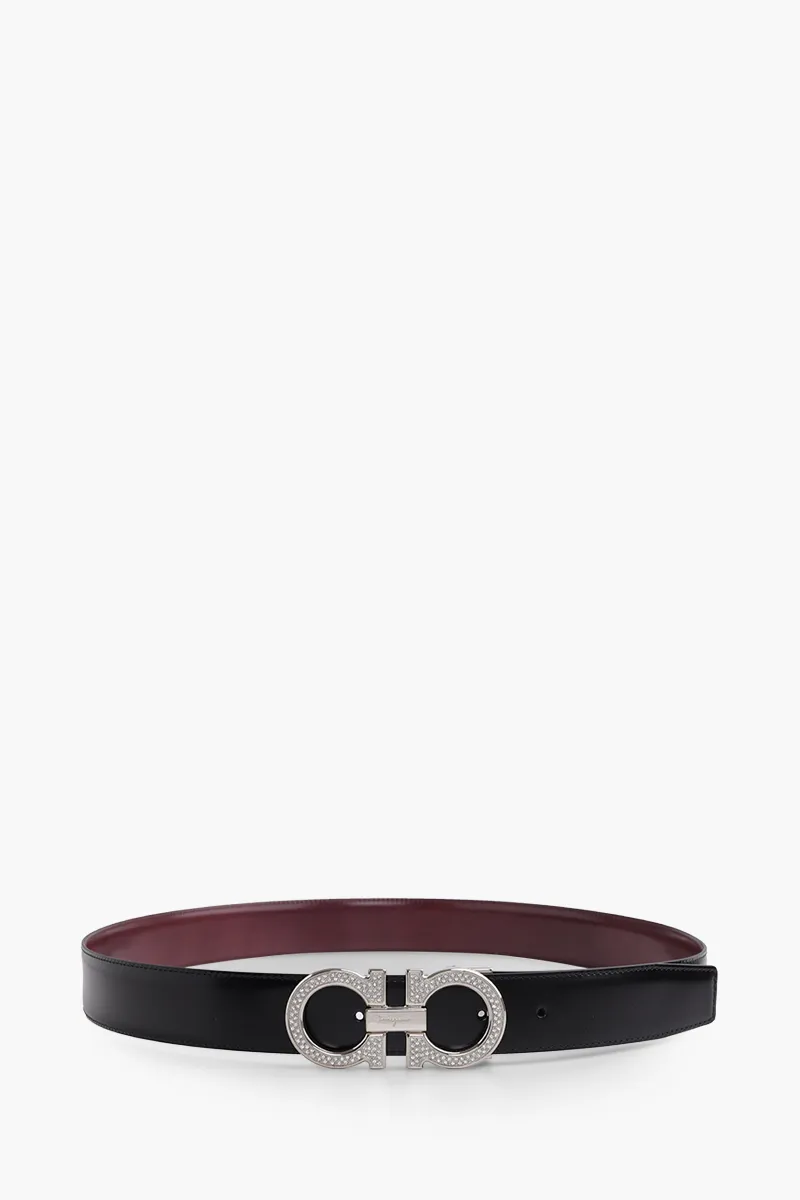 FERRAGAMO Men Reversible Gancini Belt 4cm in Black/Fog Smooth Calfskin with Crystaks on Buckle 0