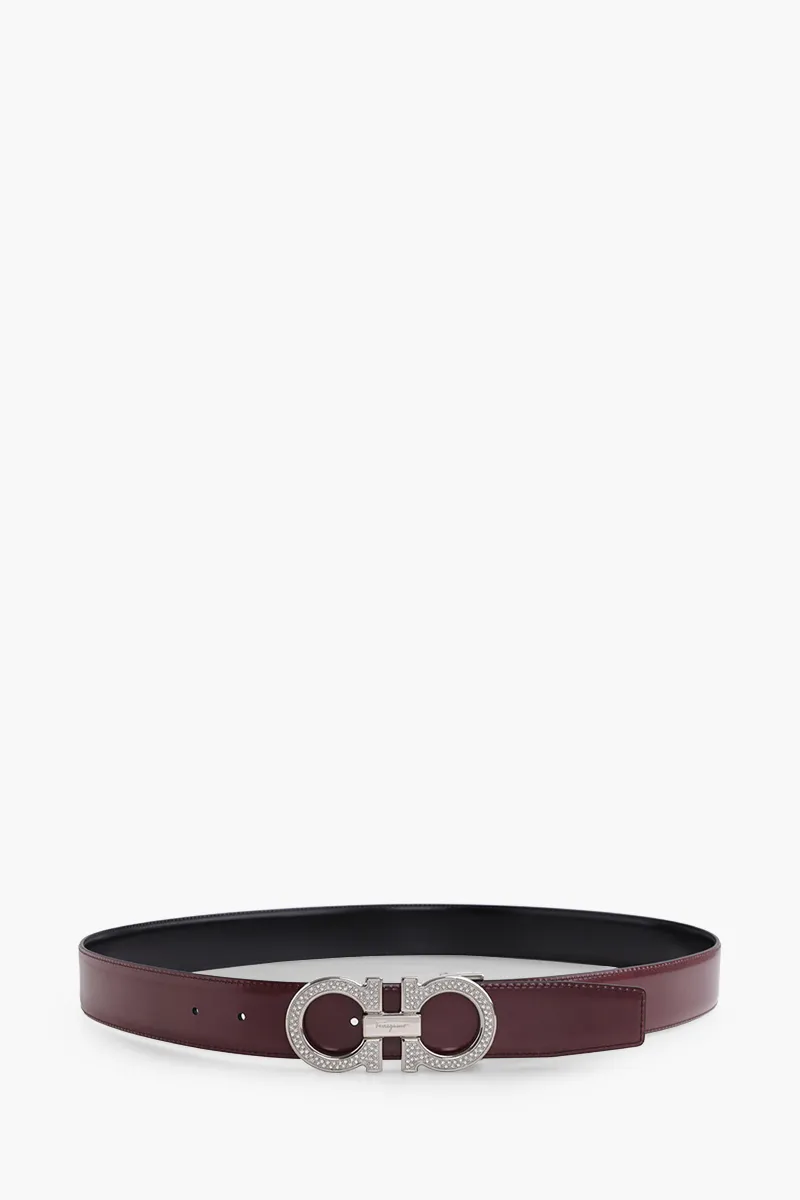 FERRAGAMO Men Reversible Gancini Belt 4cm in Black/Fog Smooth Calfskin with Crystaks on Buckle 1