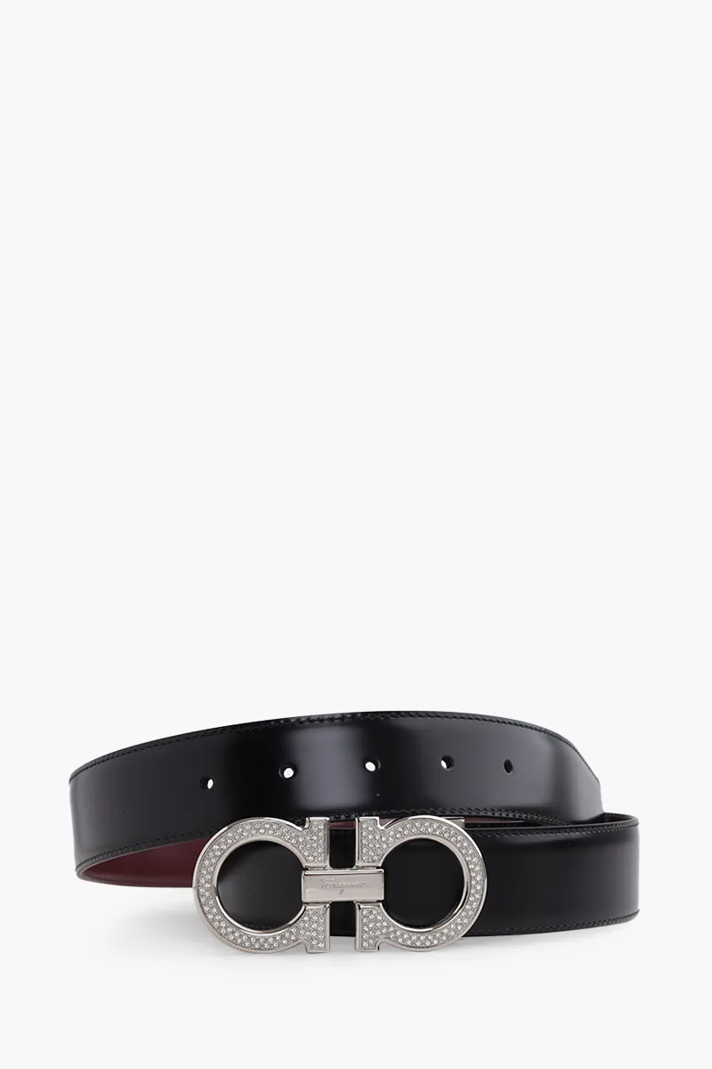 FERRAGAMO Men Reversible Gancini Belt 4cm in Black/Fog Smooth Calfskin with Crystaks on Buckle 2