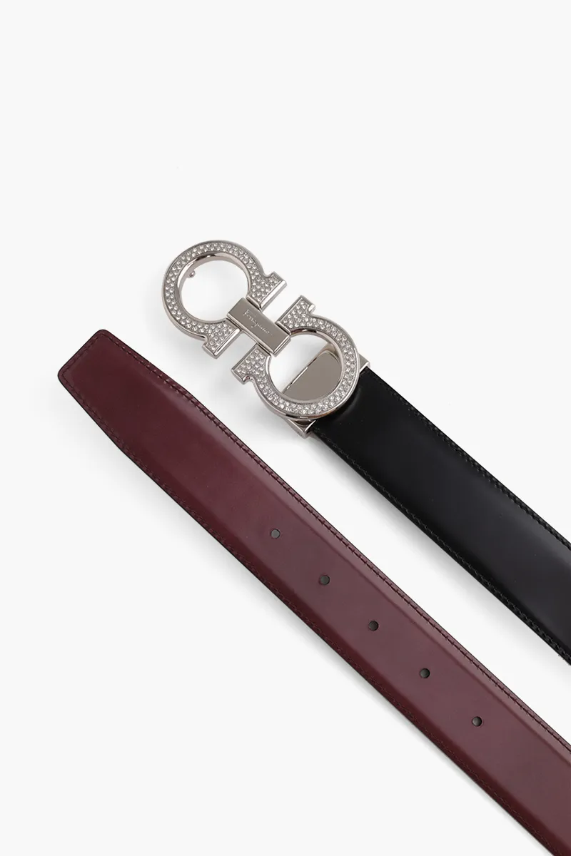 FERRAGAMO Men Reversible Gancini Belt 4cm in Black/Fog Smooth Calfskin with Crystaks on Buckle 3