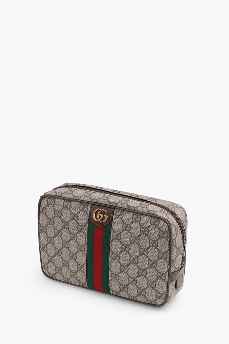 GUCCI GG Supreme Savoy Toiletry Bag in Beige/Ebony/Brown with Web Stripe 2
