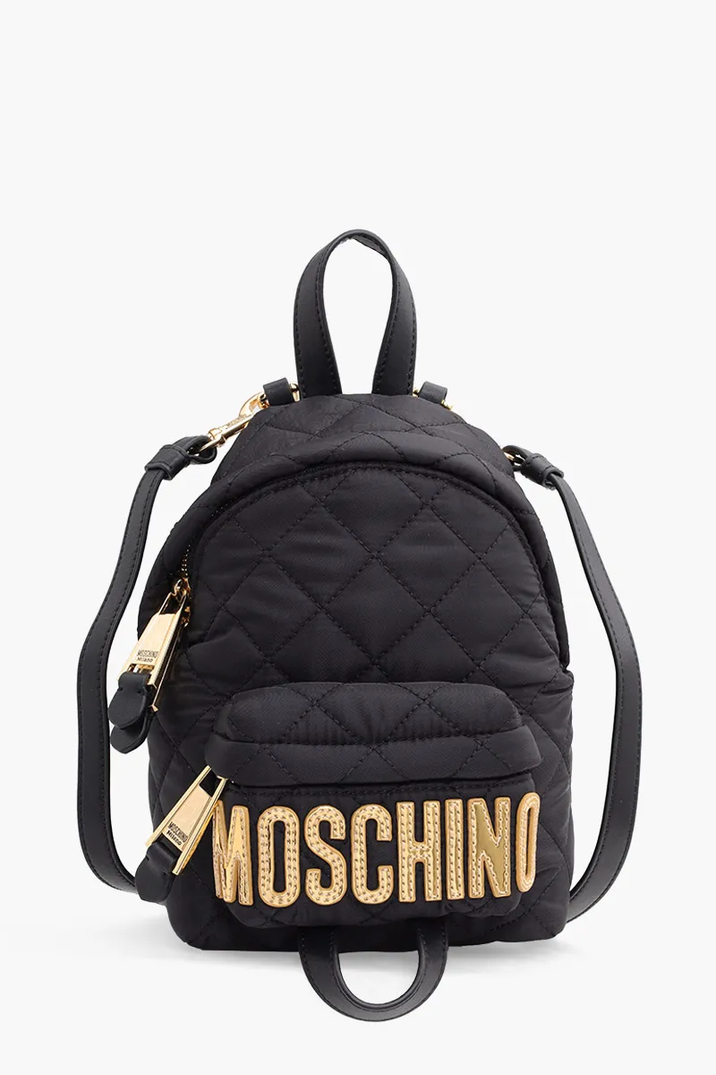 MOSCHINO Bebeboo Logo Backpack in Black Quilted with Gold Logo 0