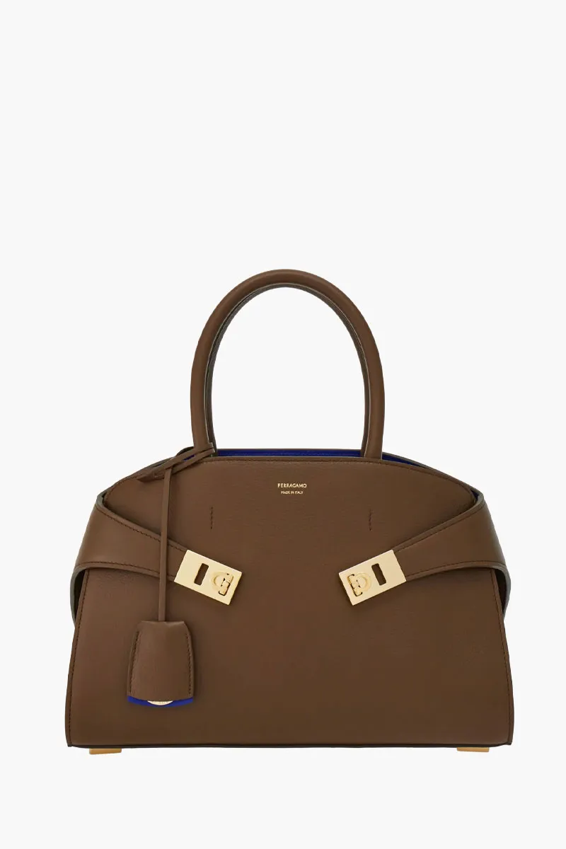 FERRAGAMO Medium Hug Bicolor Handbag in Clay/Lapiz Lazuli Calf Leather 0