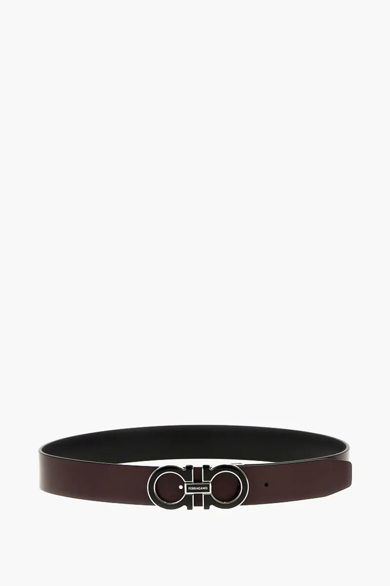 FERRAGAMO Men Reversible Adjustable Gancini Belt 3.5cm in Black/Dark Barolo Calfskin 1