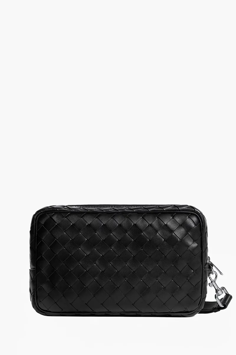 BOTTEGA VENETA Men Intrecciato Pouch in Black Calfskin with Strap 2