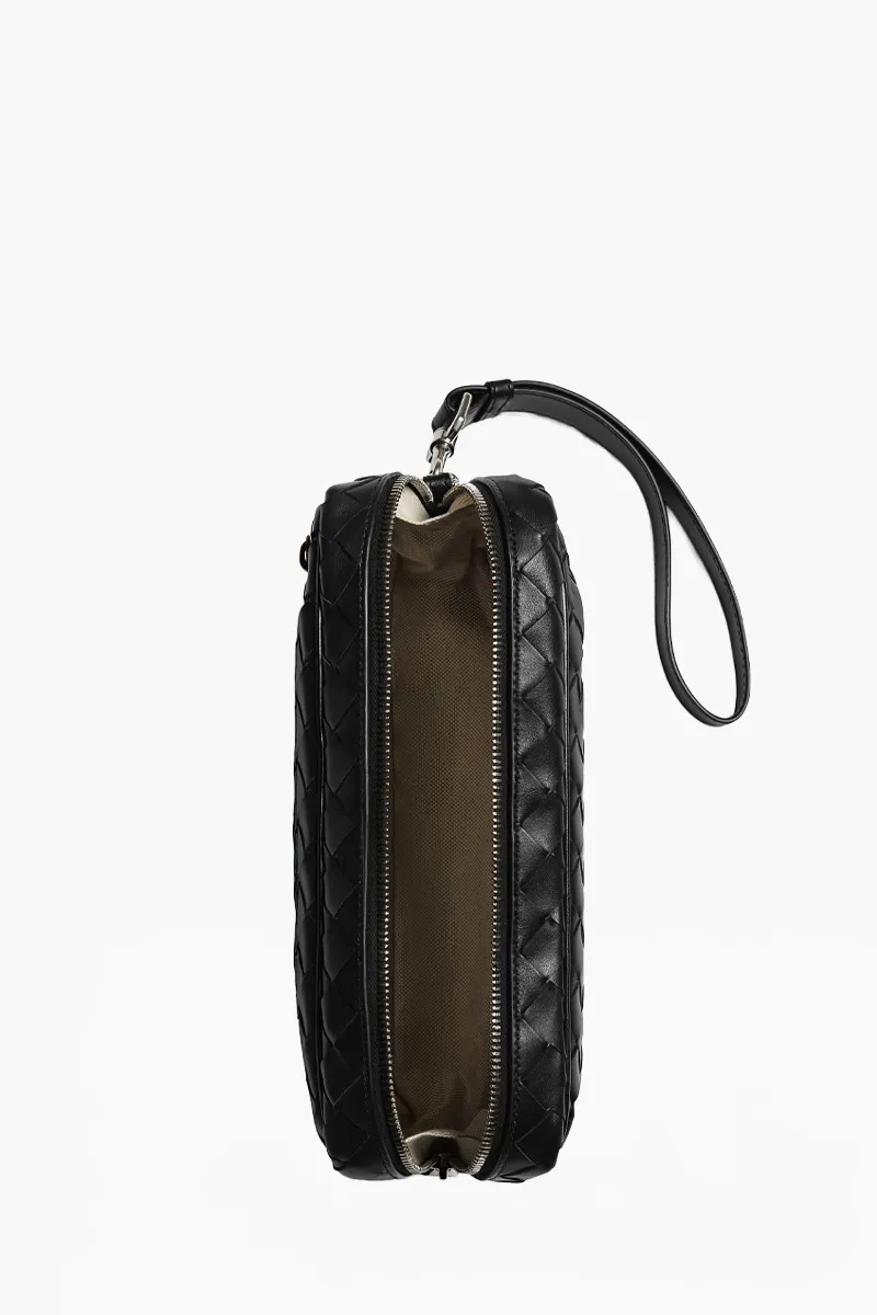 BOTTEGA VENETA Men Intrecciato Pouch in Black Calfskin with Strap 3