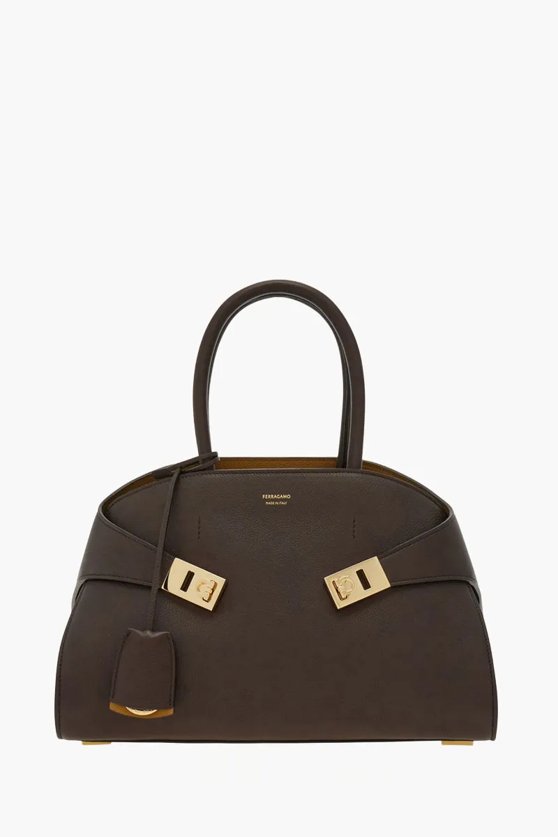FERRAGAMO Medium Hug Two-Tone Handbag in Dark Brown/Burnt Ochre Hammered Calfskin 0