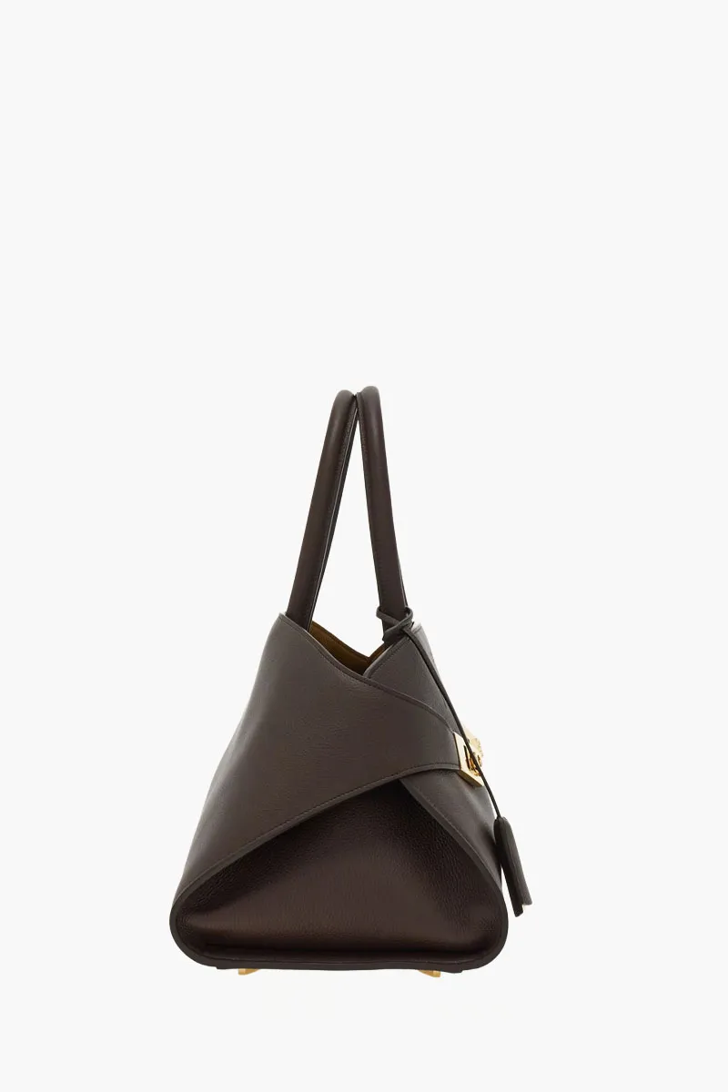 FERRAGAMO Medium Hug Two-Tone Handbag in Dark Brown/Burnt Ochre Hammered Calfskin 1