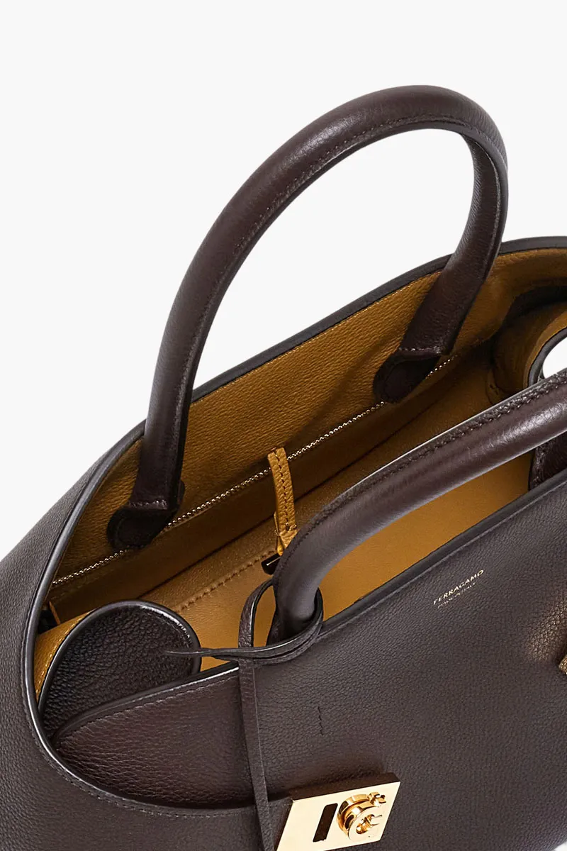 FERRAGAMO Medium Hug Two-Tone Handbag in Dark Brown/Burnt Ochre Hammered Calfskin 3