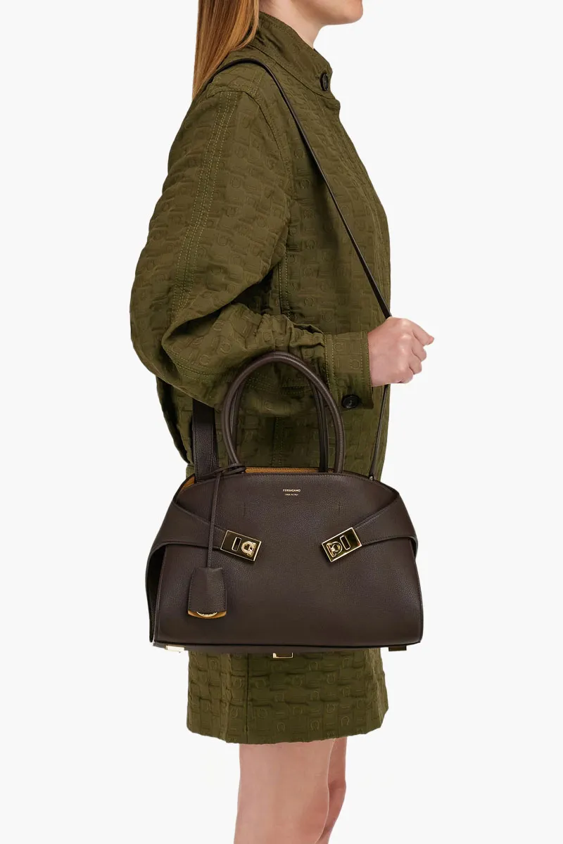 FERRAGAMO Medium Hug Two-Tone Handbag in Dark Brown/Burnt Ochre Hammered Calfskin 4