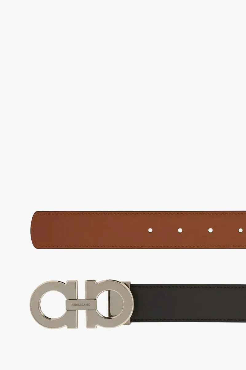 FERRAGAMO Men Reversible Gancini Belt 3.2cm in Black/Cognac Calf RHW 1