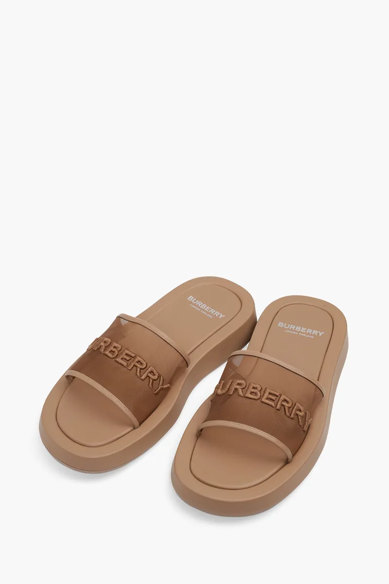BURBERRY Women Embroidered Logo Buckingham Slides in Camel Mesh x Leather 2