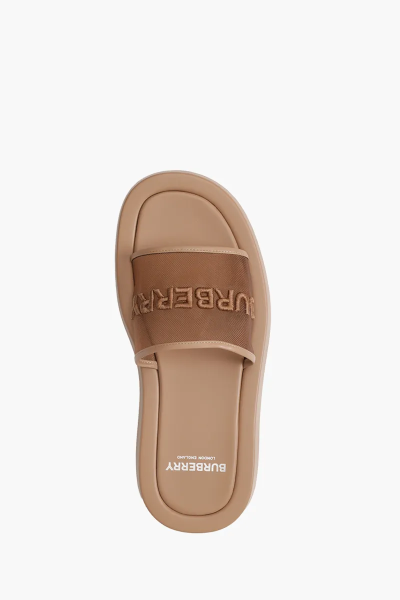 BURBERRY Women Embroidered Logo Buckingham Slides in Camel Mesh x Leather 3