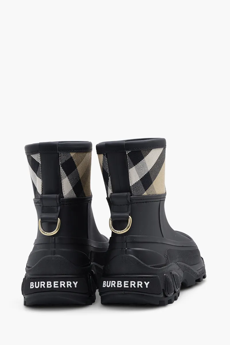 BURBERRY Women House Check Panel Rain Boots in Black/Archive Beige 2