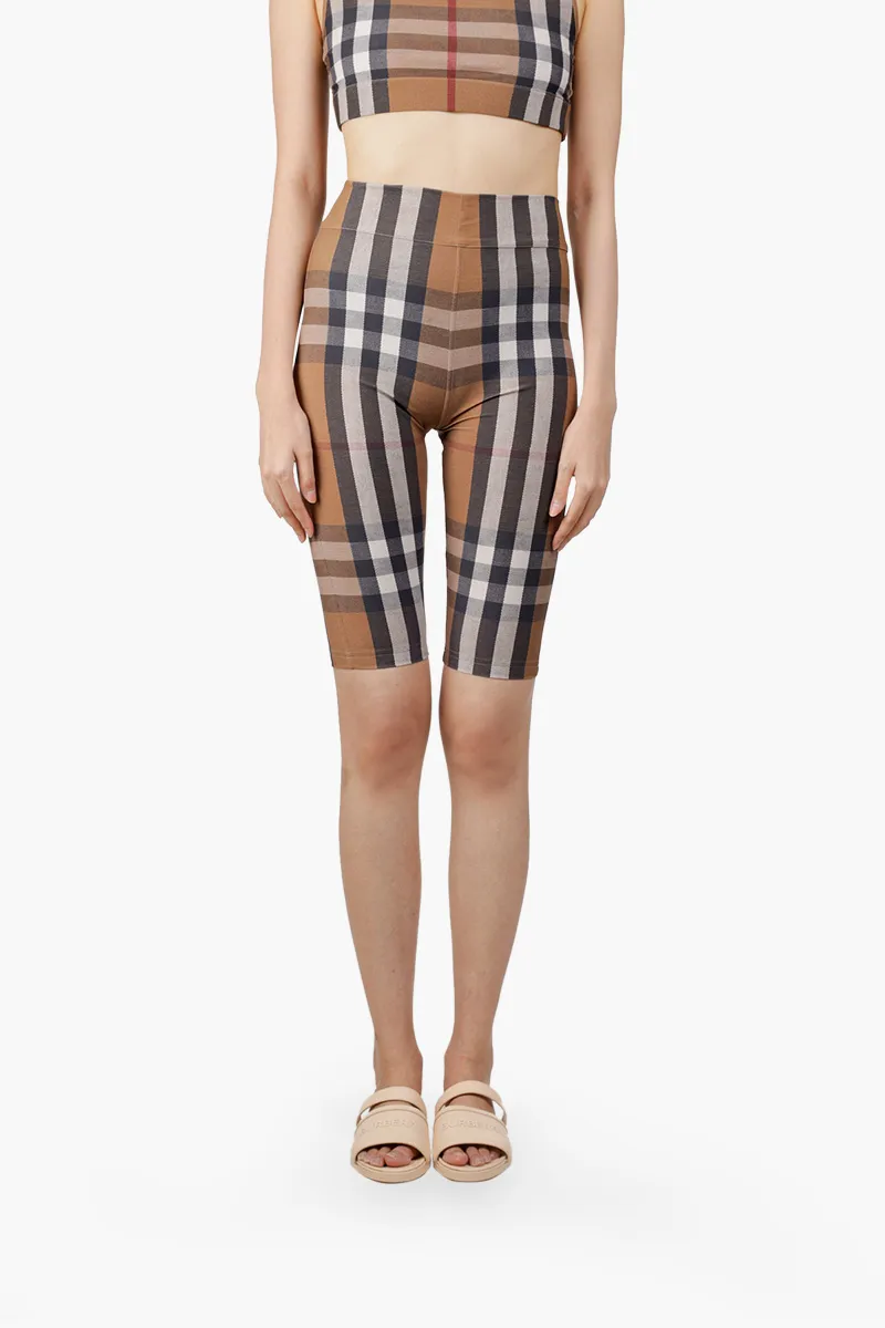 BURBERRY Women Check Print Stretch Jersey Cycling Shorts in Birch Brown 0