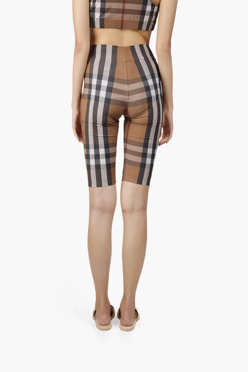 BURBERRY Women Check Print Stretch Jersey Cycling Shorts in Birch Brown 1