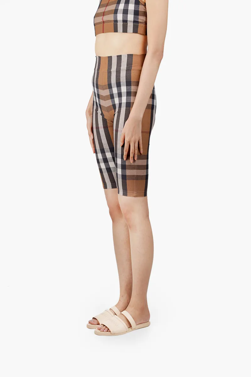 BURBERRY Women Check Print Stretch Jersey Cycling Shorts in Birch Brown 2