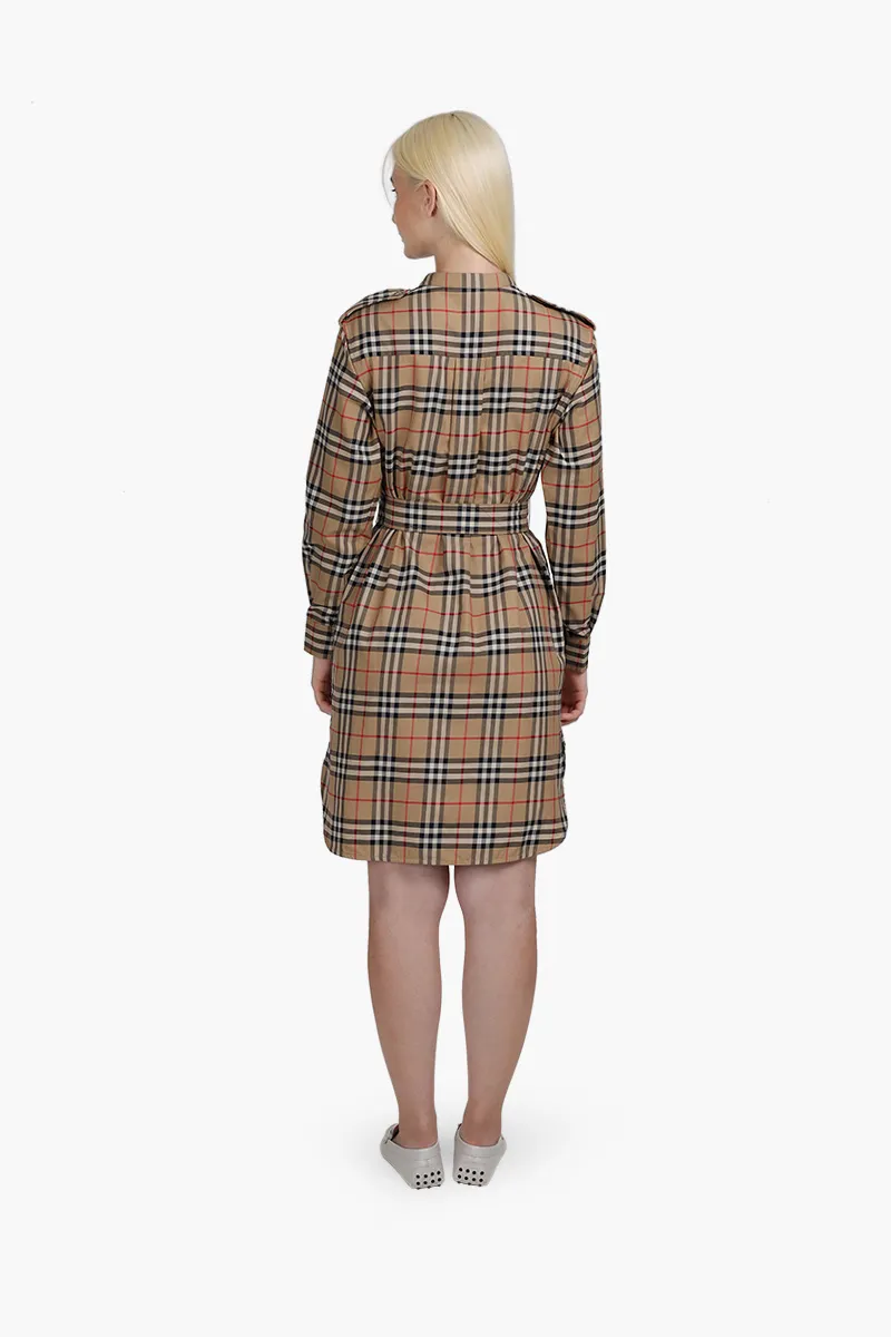 BURBERRY Women Vintage Check Tie-Waist Standing Neck Shirt Dress Archive Beige 1