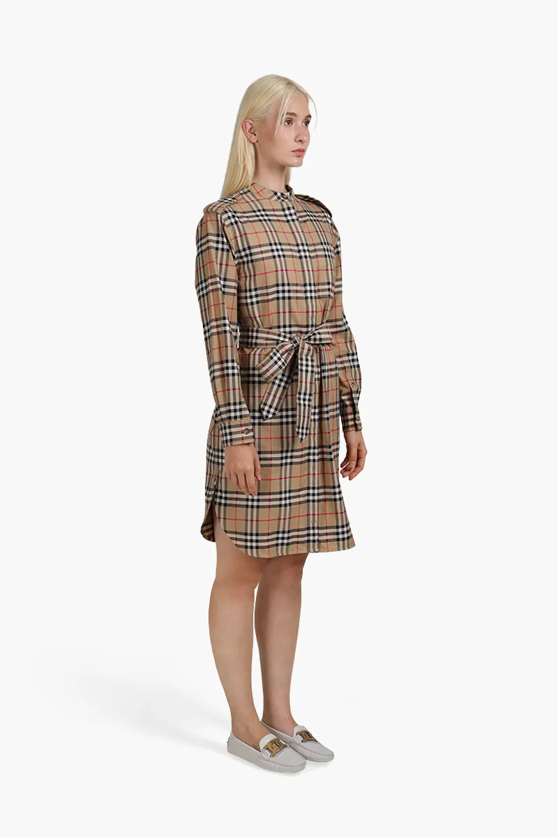 BURBERRY Women Vintage Check Tie-Waist Standing Neck Shirt Dress Archive Beige 2