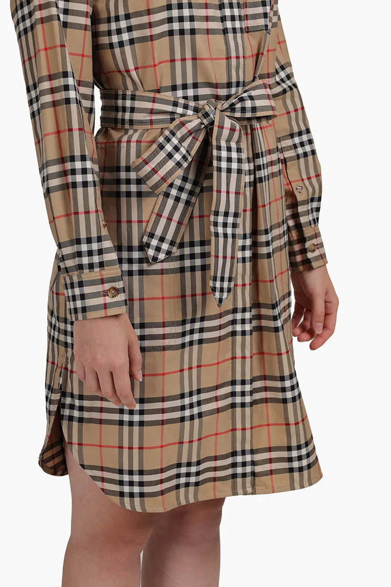 BURBERRY Women Vintage Check Tie-Waist Standing Neck Shirt Dress Archive Beige 3