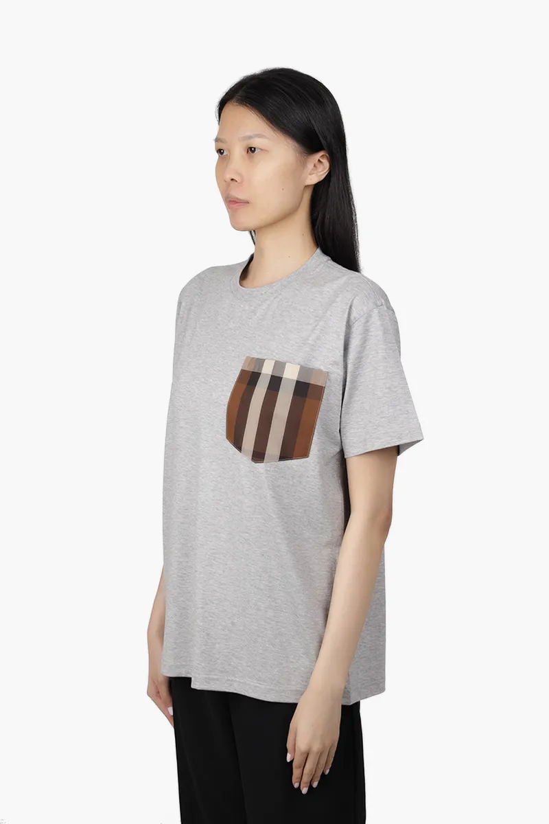 BURBERRY Women Oversized Cotton T-Shirt in Pale Grey Melange with Check on Pocket 2