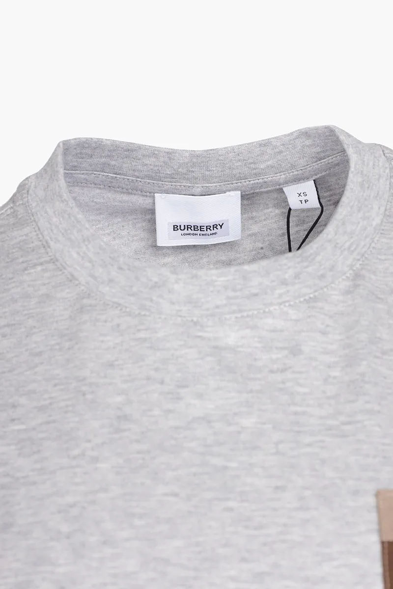 BURBERRY Women Oversized Cotton T-Shirt in Pale Grey Melange with Check on Pocket 3