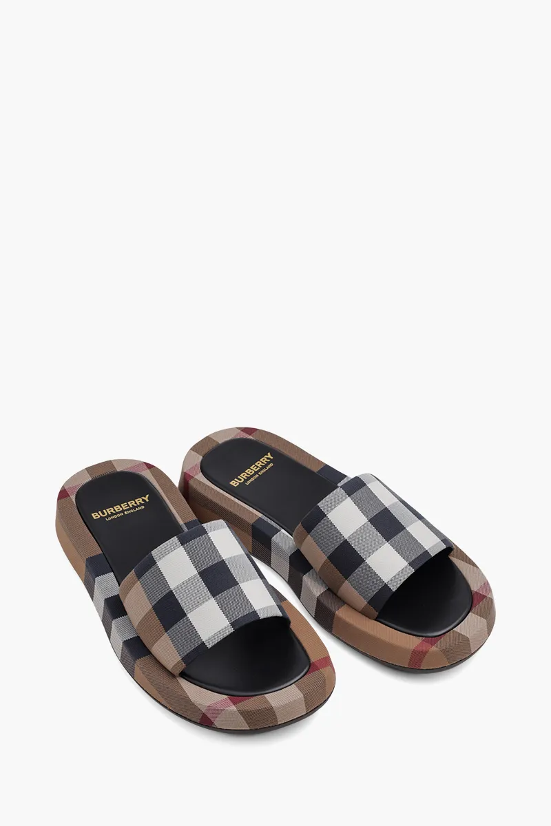 BURBERRY Women Check Cotton Buckingham Slides in Birch Brown 1