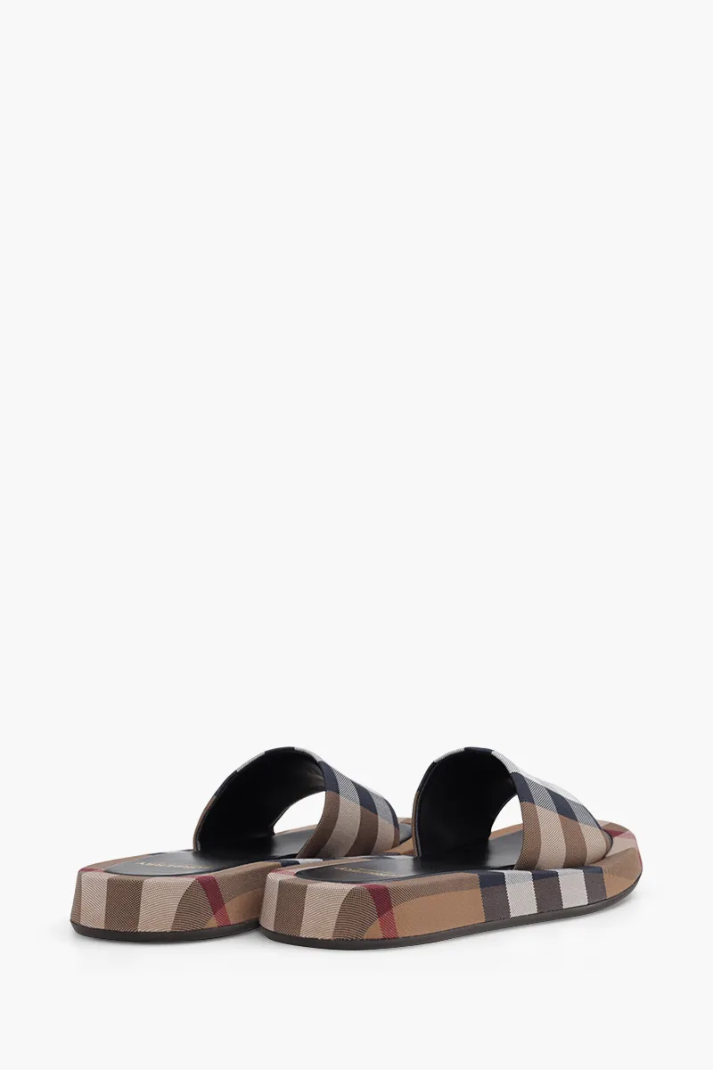 BURBERRY Women Check Cotton Buckingham Slides in Birch Brown 2