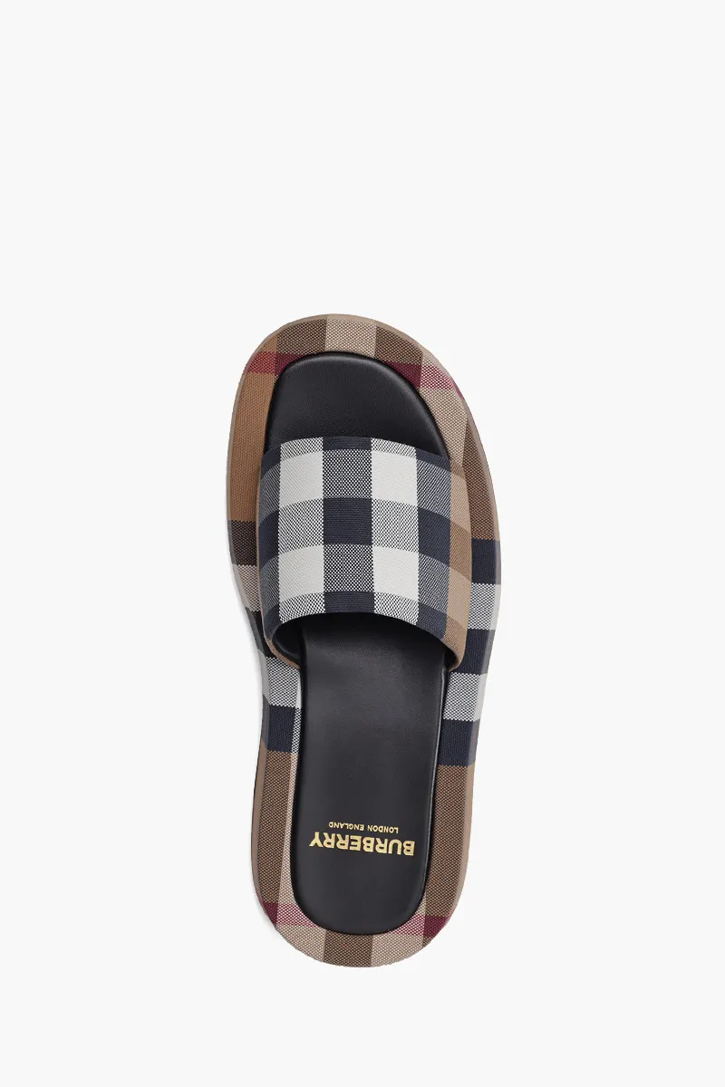 BURBERRY Women Check Cotton Buckingham Slides in Birch Brown 3