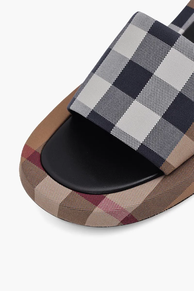 BURBERRY Women Check Cotton Buckingham Slides in Birch Brown 4