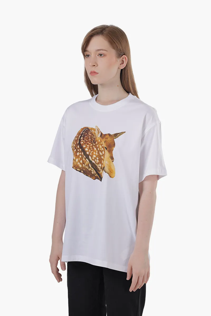BURBERRY Women Deer Print Cotton Oversized T-Shirt in White 2